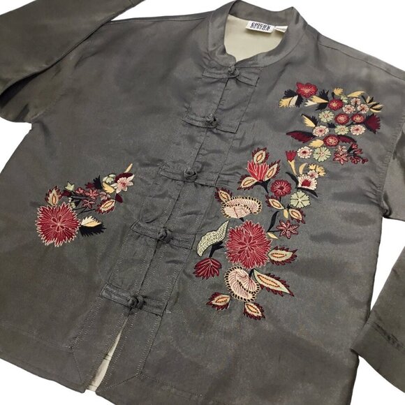 Chico's Design Embroidered Jacket Shirt Knot Buttons Asian Inspired Kimono Sz 1 - Picture 7 of 8